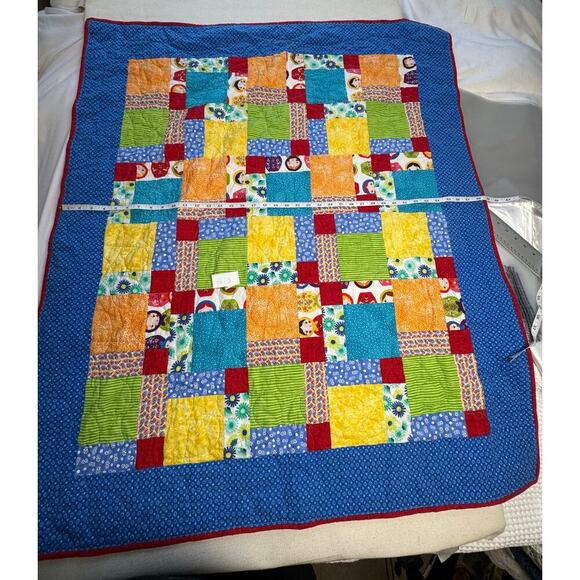 Handmade Baby Quilt Vibrant Colors Excellent condition Block Lime Green Red Blue - Picture 3 of 9